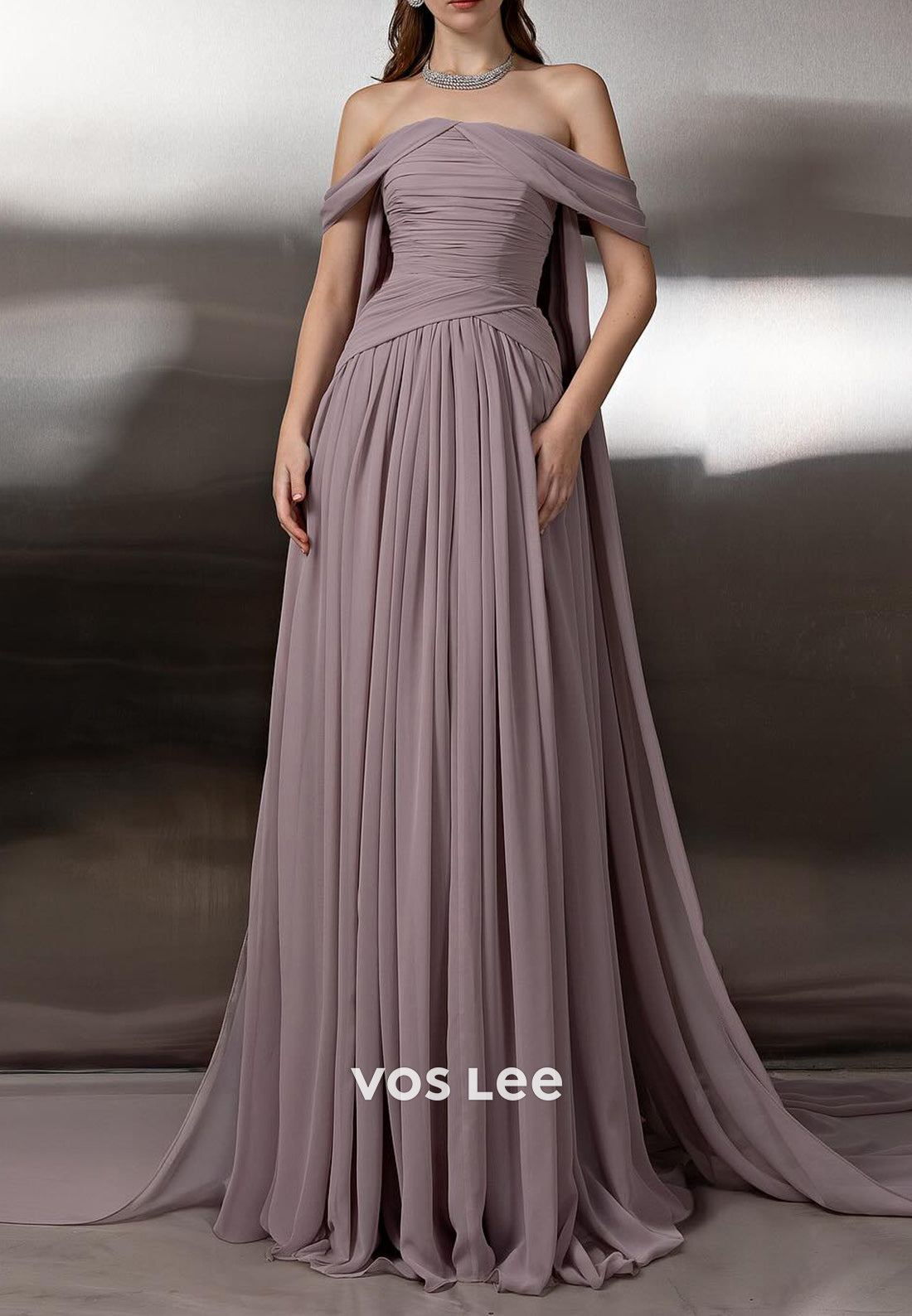 Simple & Casual Off the Shoulder Chiffon Sheath Pleated Long Prom Dresses