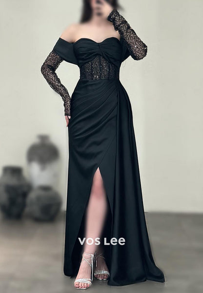 Classic Sequined Long Sleeve Sweetheart Pleated Mermaid Prom Dresses wirh High Spilt