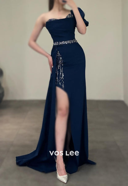 Sparkle & Shine Short Sleeve Rhinestone Pleated Mermaid Evening Dresses with Sweep Train
