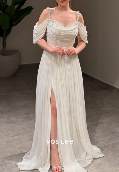 A-Line Spaghetti Straps V Neck Beaded Pleated Prom Dresses with Side Split