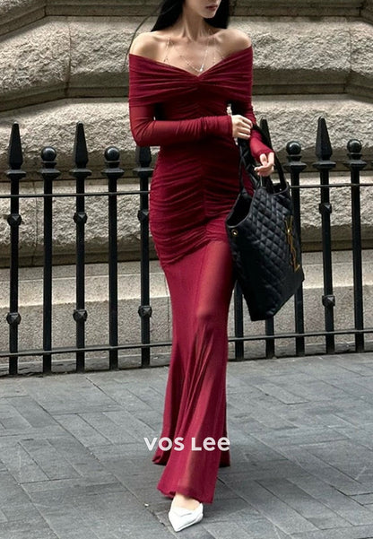 Sexy & Hot Long Sleeve Off the Shoulder Pleated Floor-Length Mermaid Evening Dresses