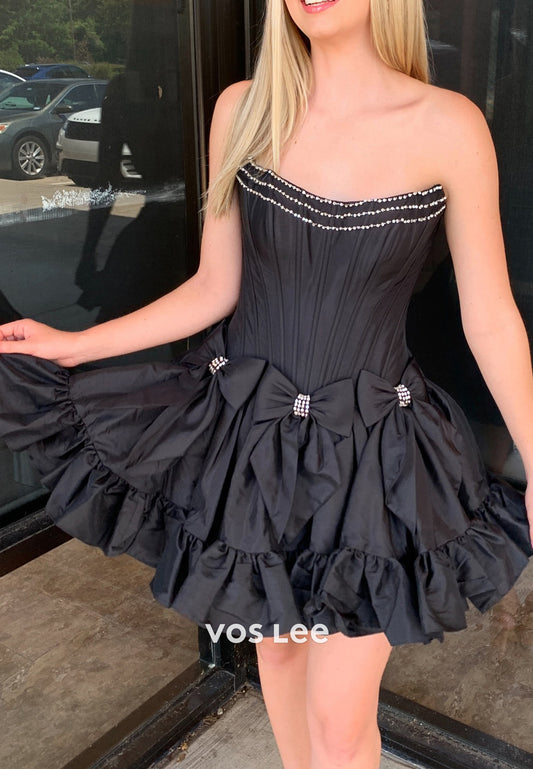 A-Line Scoop Bowknot Rhinestone Embellished Pleated Homecoming Dresses
