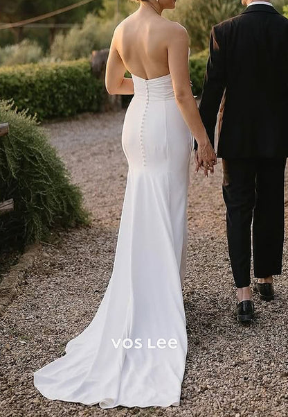 Simple Strapless Scoop Pleated Mermaid Wedding Dresses with Sweep Train