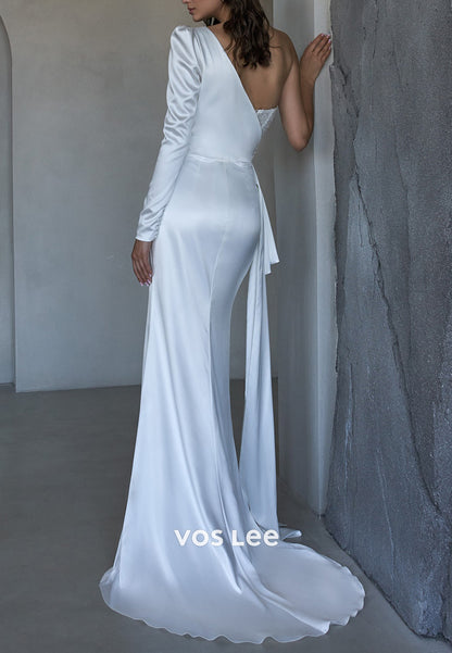 Long Sleeve One Shoulder Beaded Mermaid Wedding Dresses with Sweep Train
