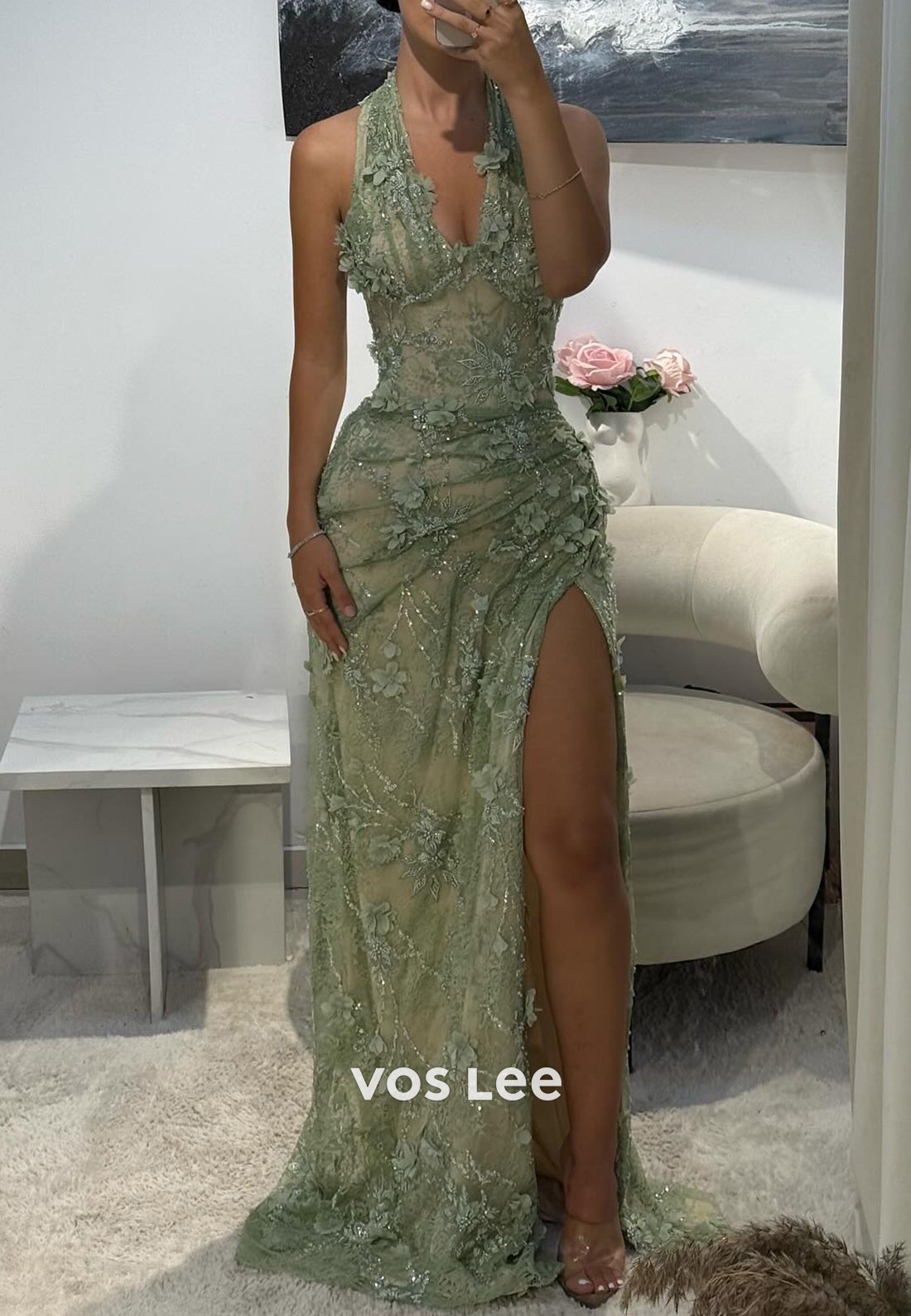 Green Halter Appliques Lace Pleated Mermaid Prom Dresses with Side Split