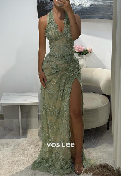 Green Halter Appliques Lace Pleated Mermaid Prom Dresses with Side Split