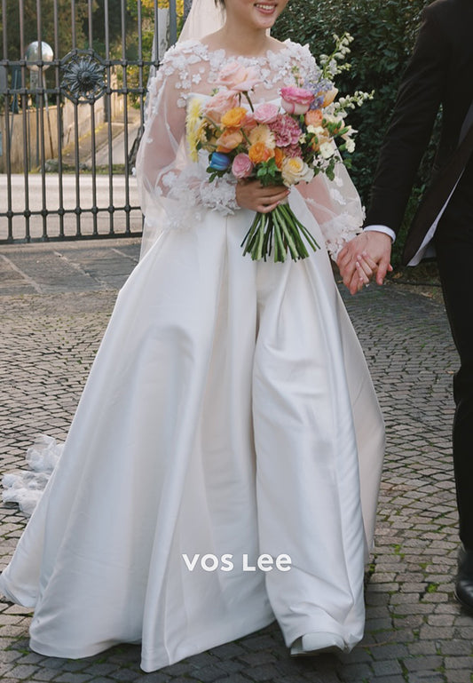 A-Line Long Sleeve Illusion Neck Appliques Wedding Dresses with Court Train