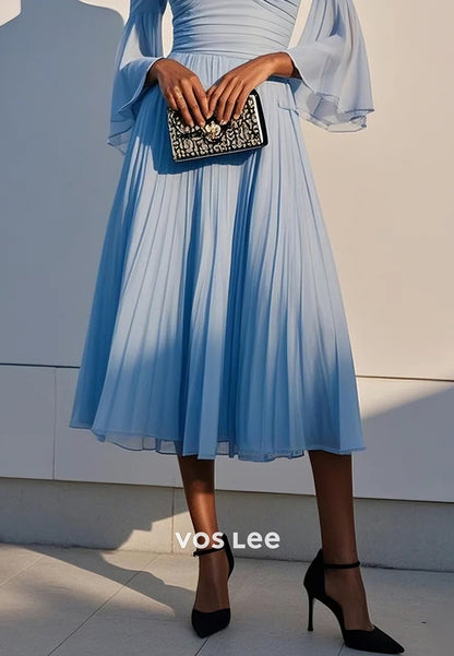 A-Line Sky Blue Bell Sleeves Off the Shoulder Pleated Long Wedding Guest Dresses