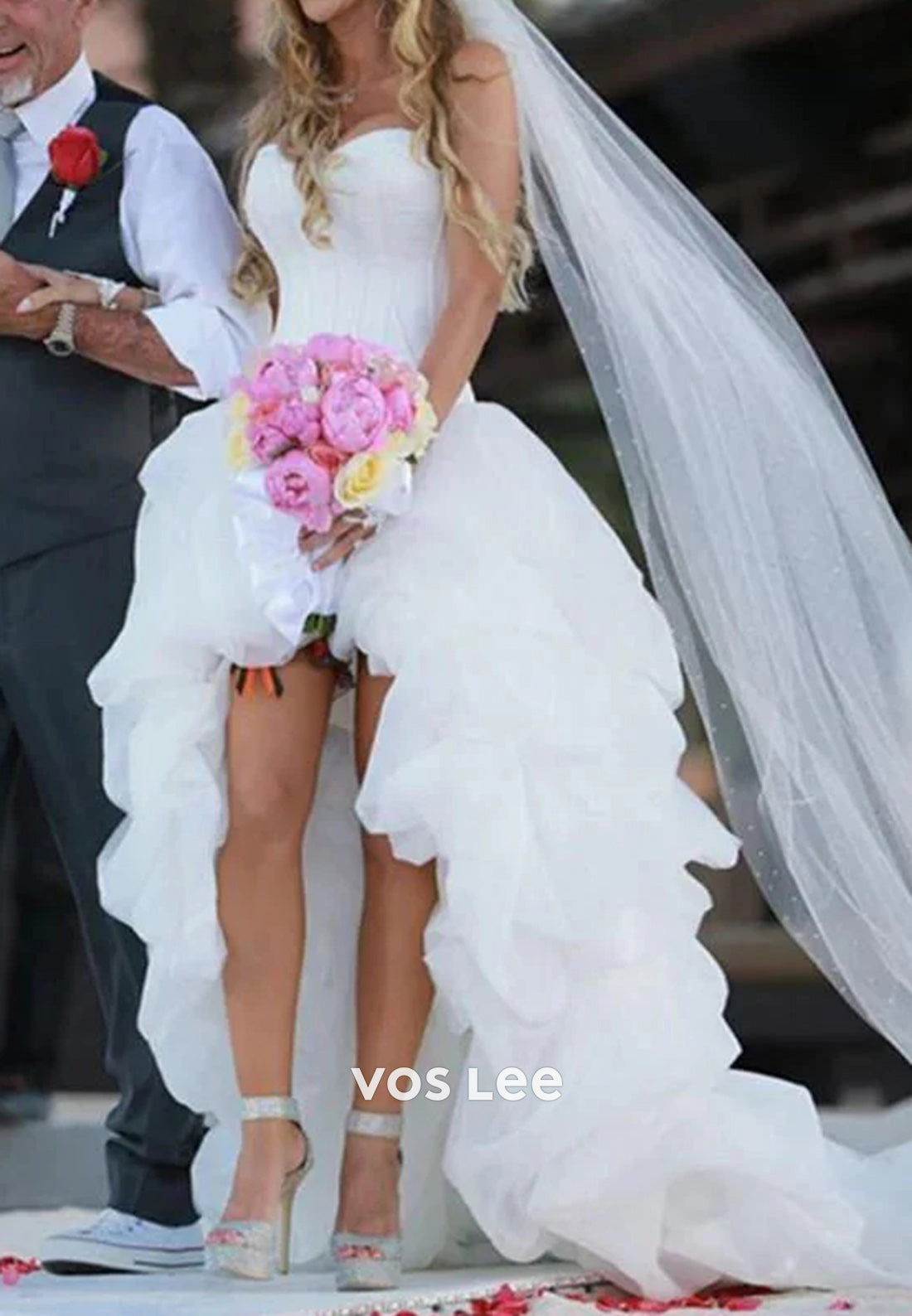 High Low A-Line Strapless Sweetheart Pleated Beach Wedding Dresses with Court Train