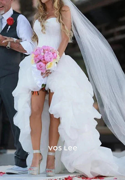 High Low A-Line Strapless Sweetheart Pleated Beach Wedding Dresses with Court Train