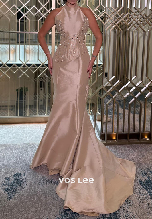 Halter Rhinestone Embellished Mermaid Evening Dresses with Sweep Train