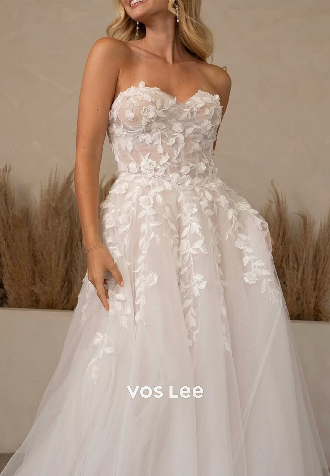 A-Line Strapless Sweetheart Appliques Embellished Wedding Dresses with Court Train