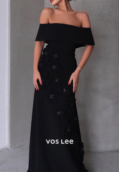 Classic & Simple Off the Shoulder Floral Embellished Sheath Evening Dresses with Sweep Train