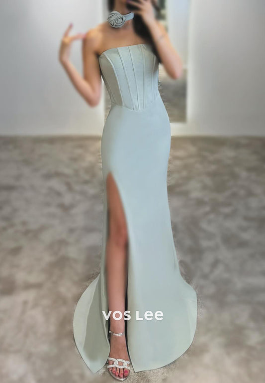 Simple Empire Waist Strapless Pleated Side spilt Mermaid Prom Dresses with Sweep Train