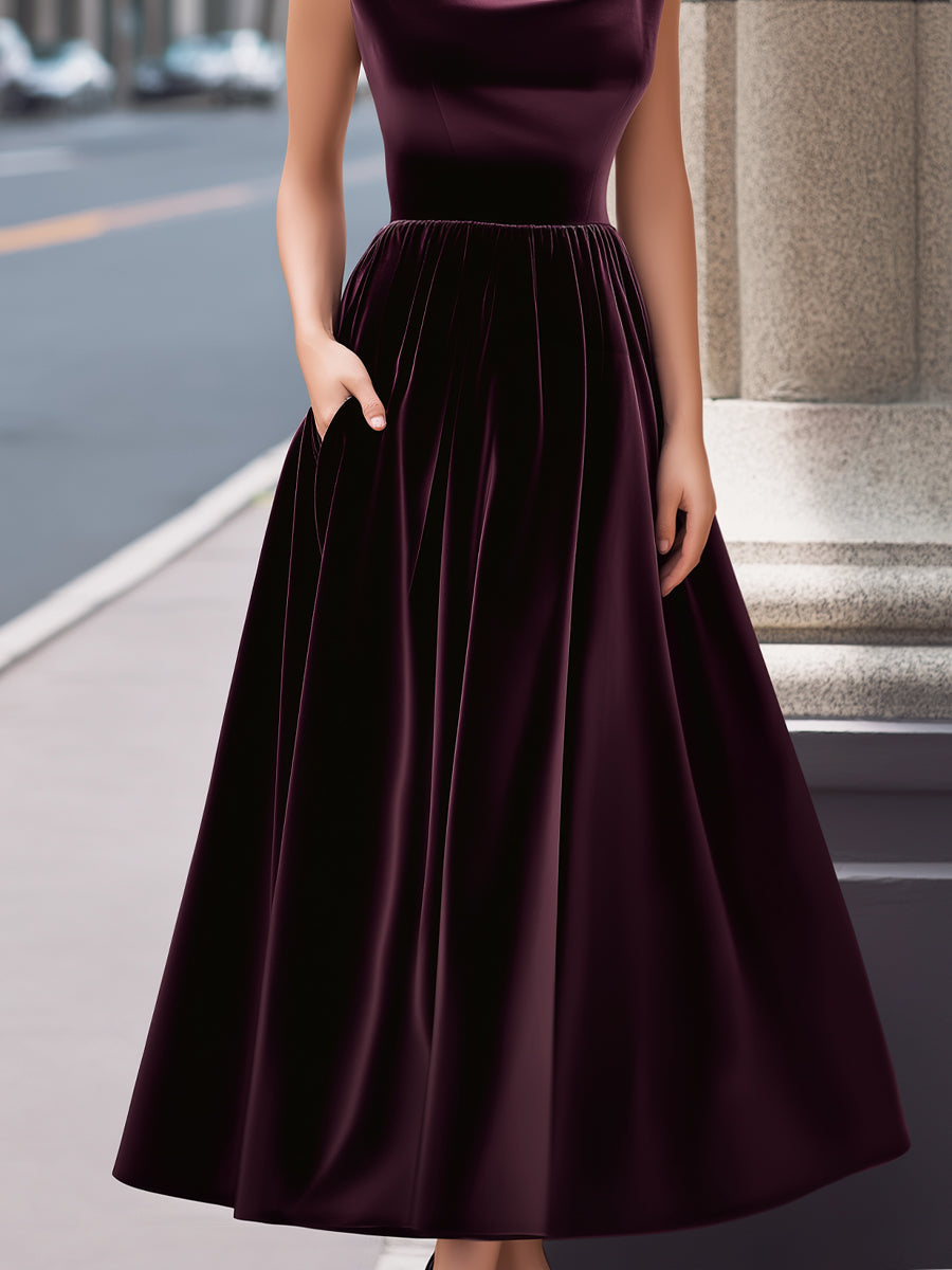 Velvet Cowl-Neck Sleeveless A-Line Evening Gown
