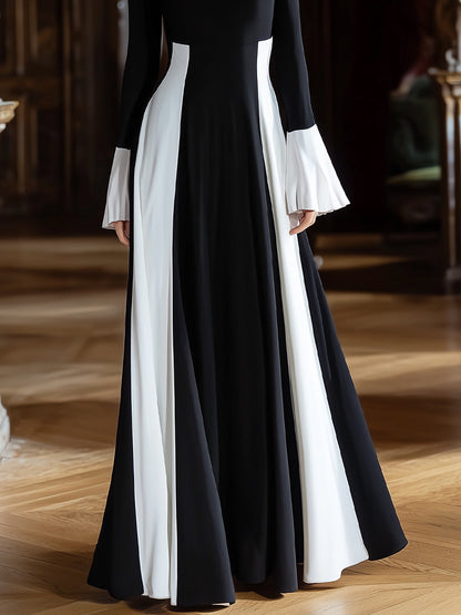 Black And White Contrast Panel Evening Gown With Flared Sleeves