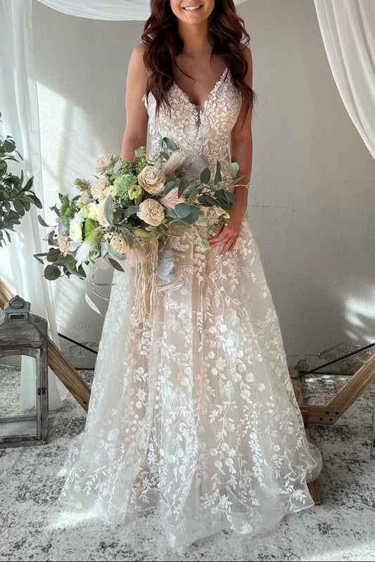Exquisite A-Line V Neck Lace Boho Wedding Dresses