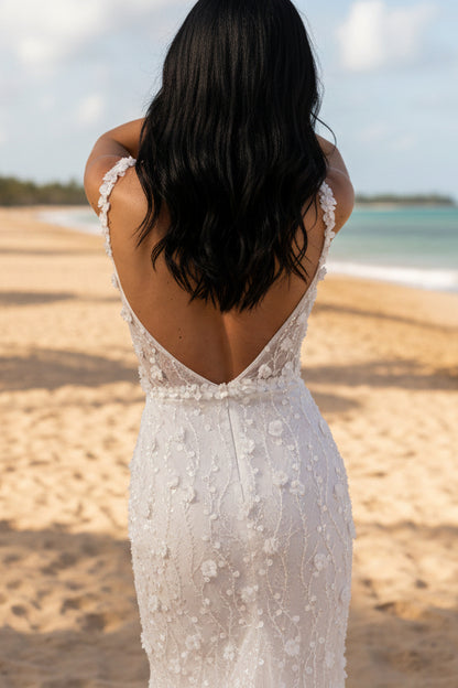 Sparkly 3D Floral Lace Mermaid Wedding Dress with Detachable Tulle Train