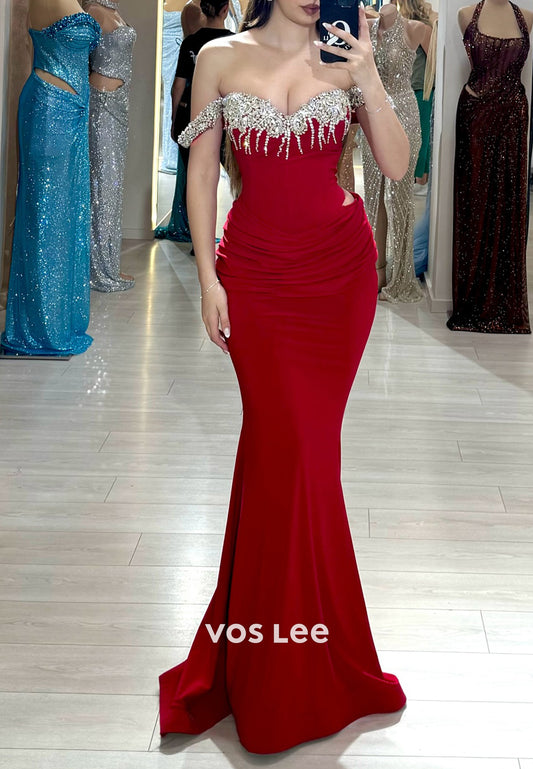 Off the Shoulder Rhinestone Embellished Floor-Length Mermaid Evening Dresses