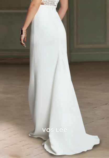 Two Pieces Illusion Neck Appliques Lace Floor-Length Sleek Mermaid Wedding Dresses