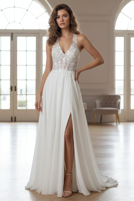 Elegant Chiffon Halter V-Neck A-Line Lace Slit Wedding Dress