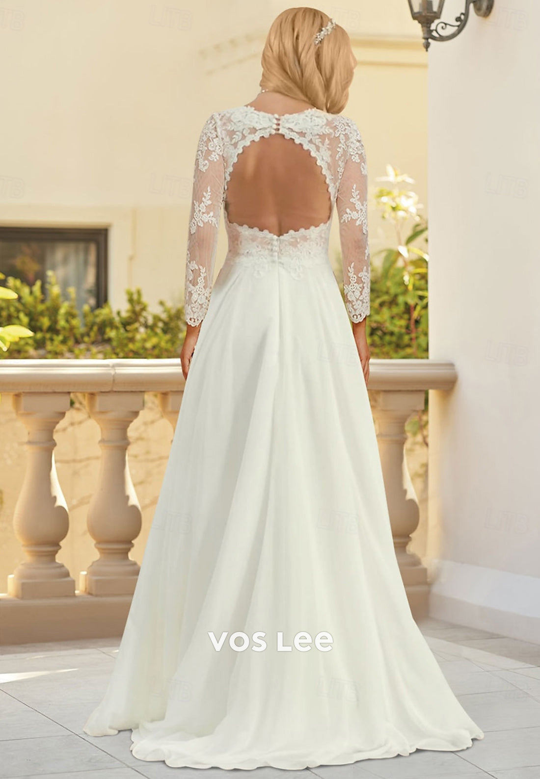Simple Long Sleeve V Neck Appliques Lace Pleated Floor-Length Wedding Dresses