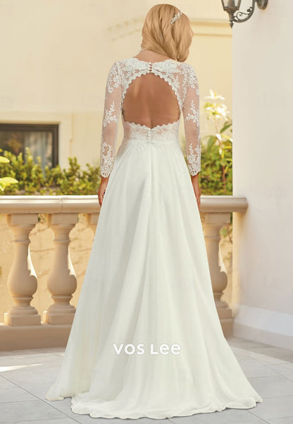 Simple Long Sleeve V Neck Appliques Lace Pleated Floor-Length Wedding Dresses