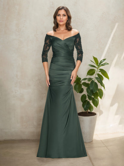 Off The Shoulder Long Sleeves Dark Emerald Ruched Mother Of The Bride Dress