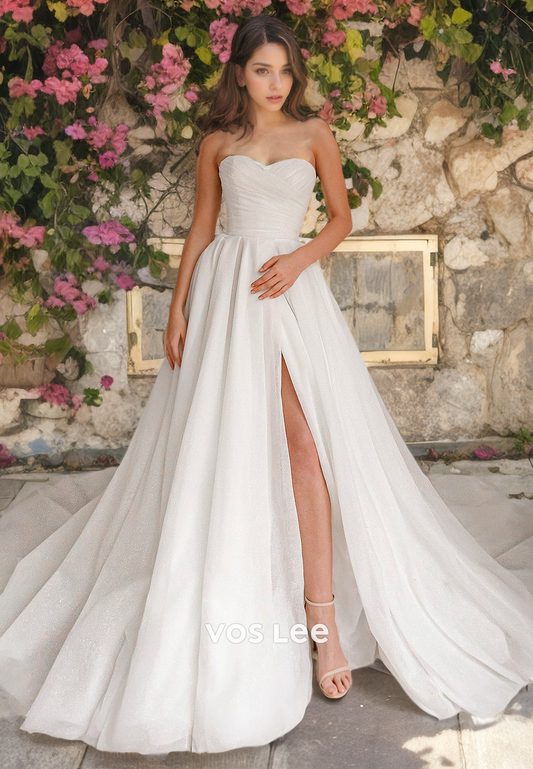 A-Line Sweetheart Chapel Train Tulle Wedding Dress with High Slit