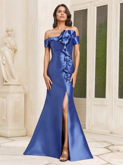 Illusion Satin Ruffle Bodice Off The Shoulder Blue Mother Of The Bride Dress with Split