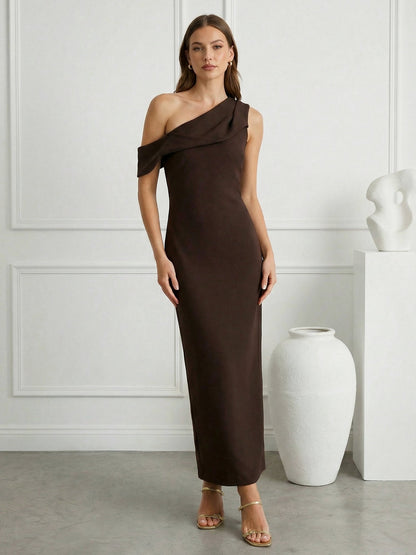 Black One Shoulder Maxi Dress Prom Dress Tea Length