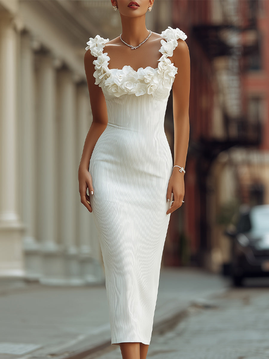 Elegant Floral Strap Textured White Midi Dress