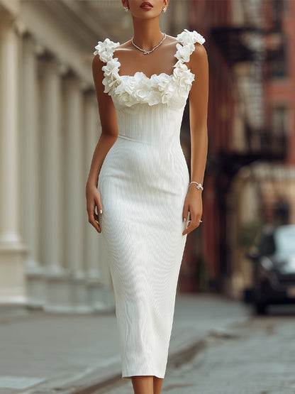Elegant Floral Strap Textured White Midi Dress