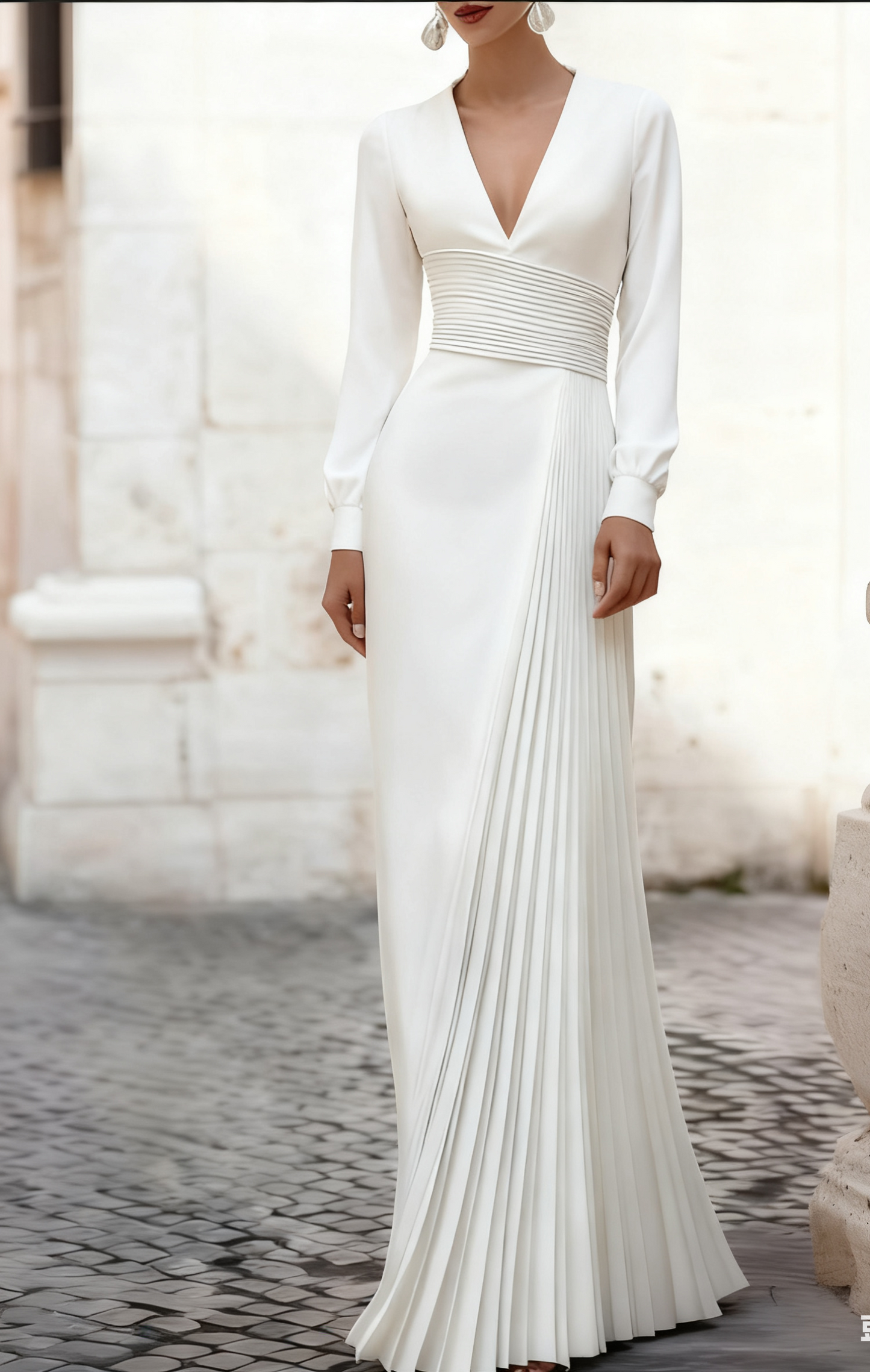 V Neck Long Sleeves Satin Pleated Evening Gown Wedding Guest Dress