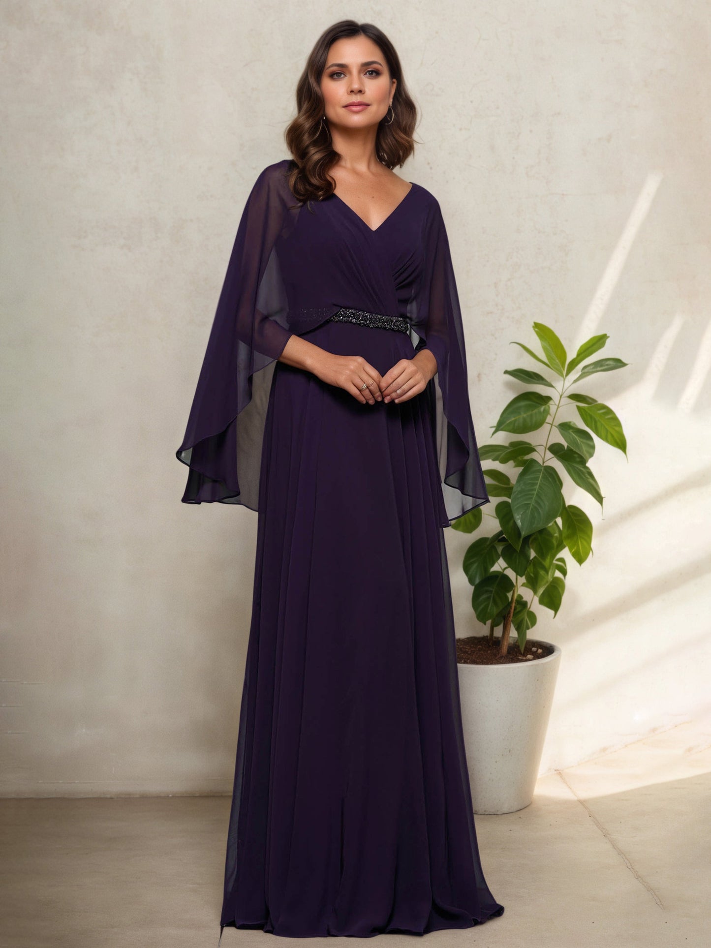 Floor Length V-Neck Aubergine A-Line Mother Of The Bride Dress with Shawl