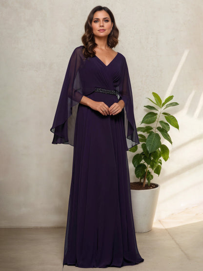 Floor Length V-Neck Aubergine A-Line Mother Of The Bride Dress with Shawl