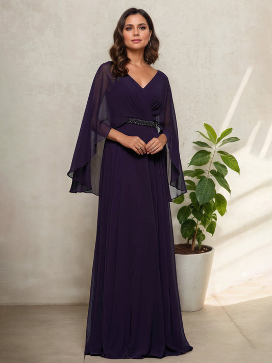 Floor Length V-Neck Aubergine A-Line Mother Of The Bride Dress with Shawl