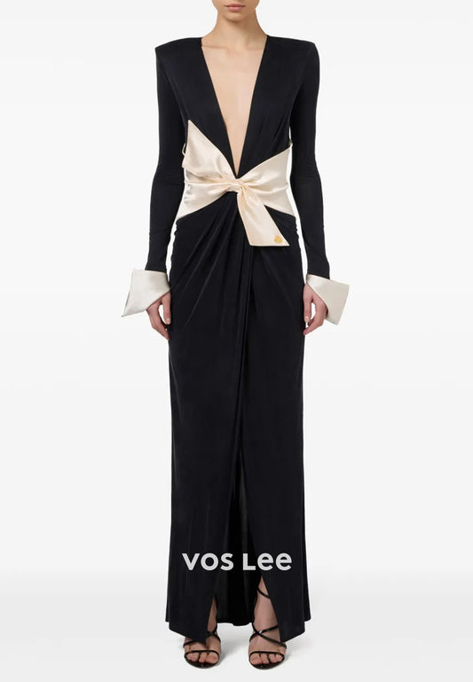 Long Sleeve Deep V Neck Bowknot Ankle-Length Sheath Evening Dresses