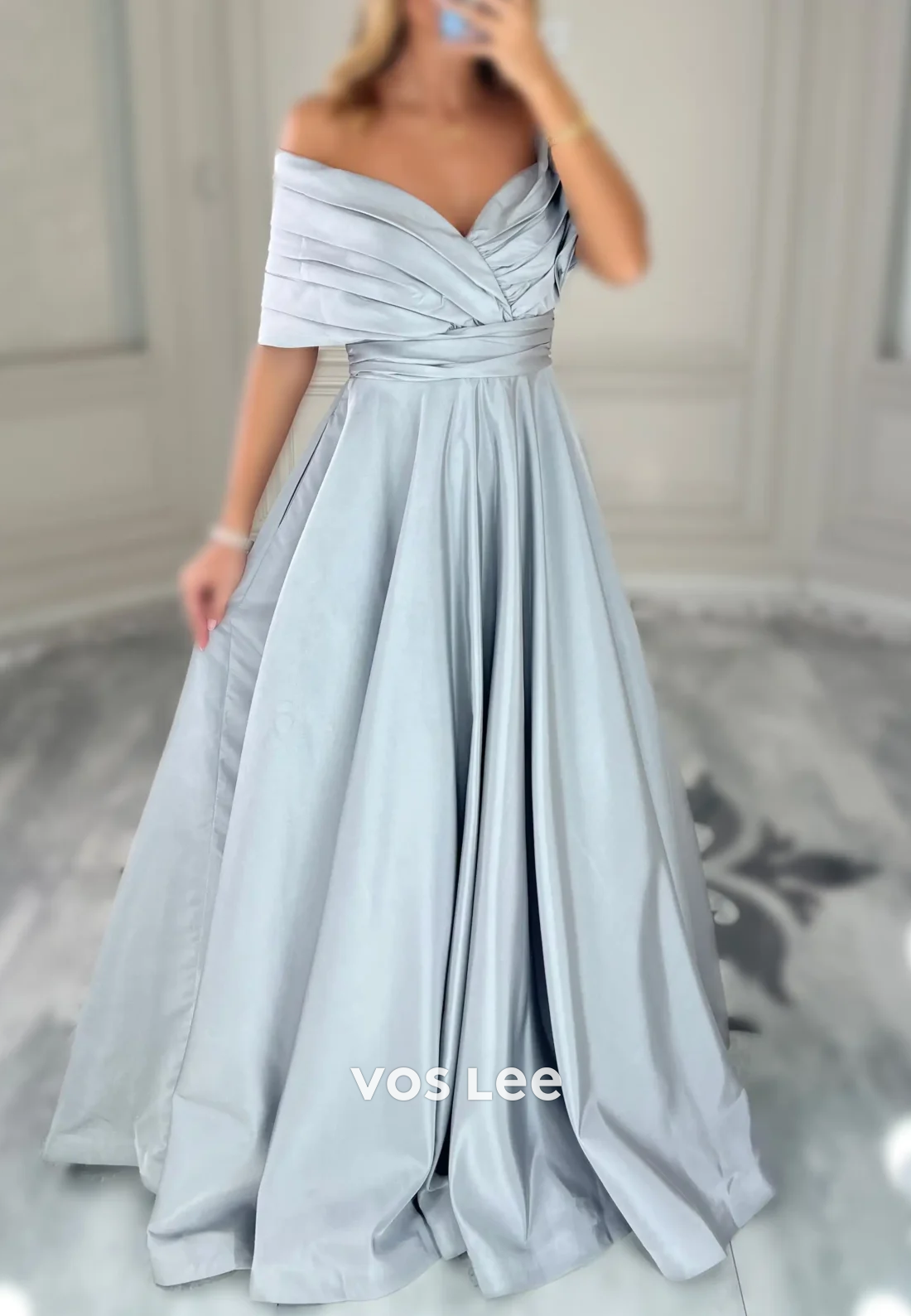 Couture & Ornate  A-Line Off-Shoulder Pleated Evening Dresses with Brush Train