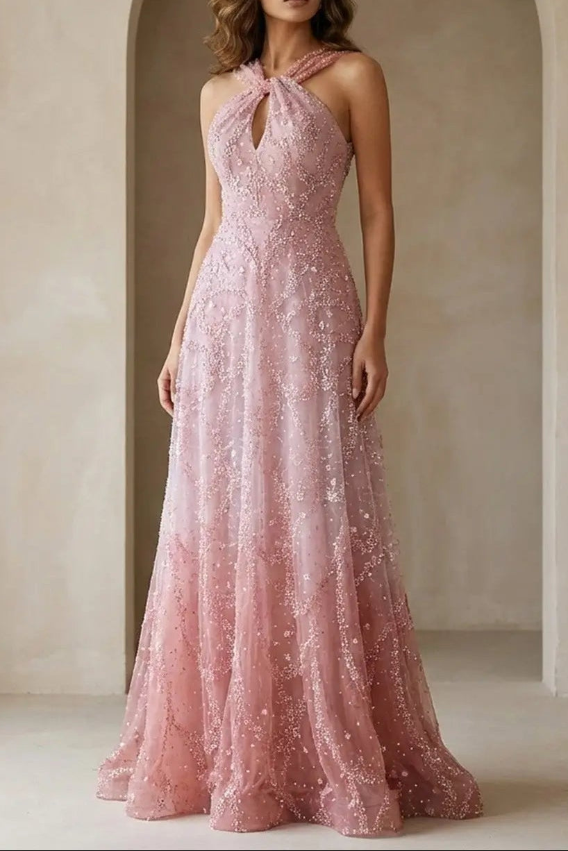 Luxury Gradient Pink Halter Neck Beaded Sequin Evening Dress