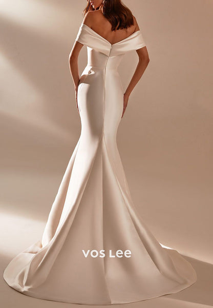 Classic & Timeless Off the Shoulder Trumpet Pleated Wedding Dresses with Sweep Train