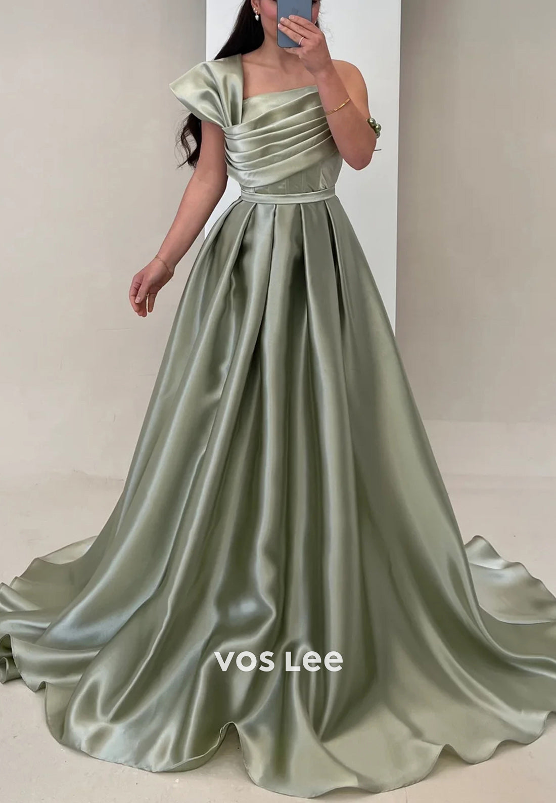 Couture & Ornate A-Line One Shoulder Pearls Pleated Evening Dresses with Court Train