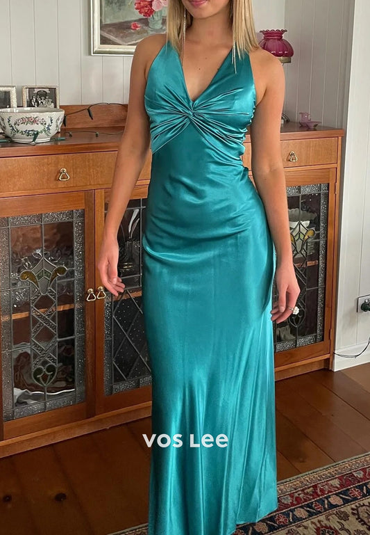 Simple V Neck Bowknot Pleated Floor-Length Crisscross Back Sheath Prom Dresses