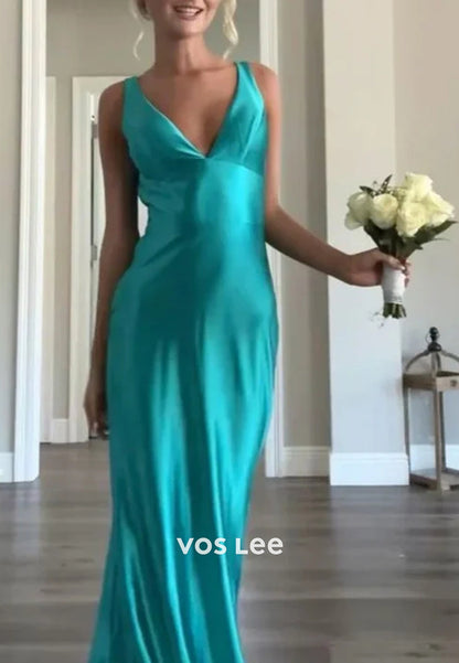 Simple & Casual Regular Straps V Neck Sheath Long Prom Dresses with Sweep Train