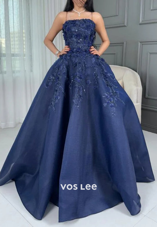 Glamorous & Dramatic Lace Applique Spaghetti Straps Evening Dresses with Train