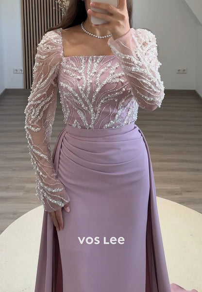 Long Sleeve Sequins Beaded Square Pleated Mermaid Evening Dresses with Court Train