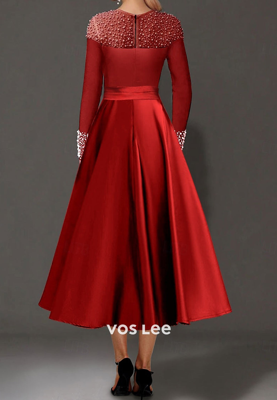 Long Sleeve A-Line Beaded Scoop Tea-Length Pleated Evening Dresses