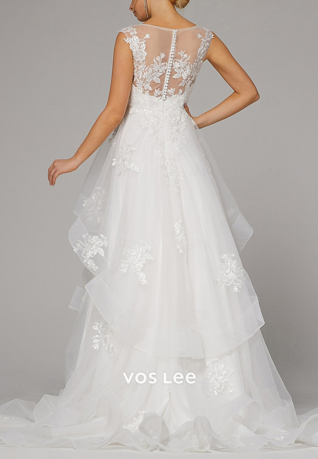 A-Line Illusion Neck Appliques Lace Beach Pleated Wedding Dresses with Sweep Train