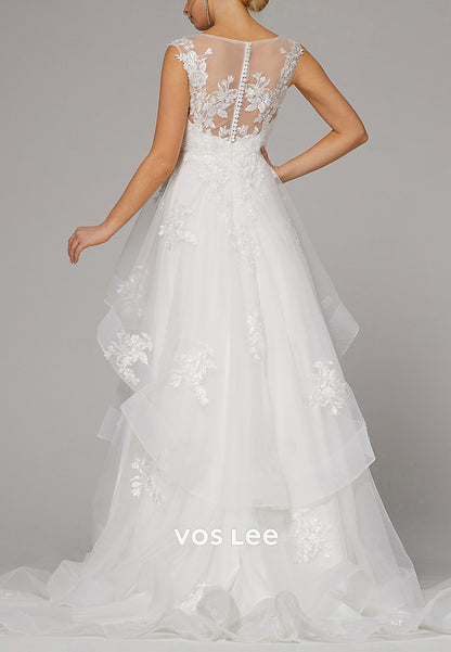 A-Line Illusion Neck Appliques Lace Beach Pleated Wedding Dresses with Sweep Train