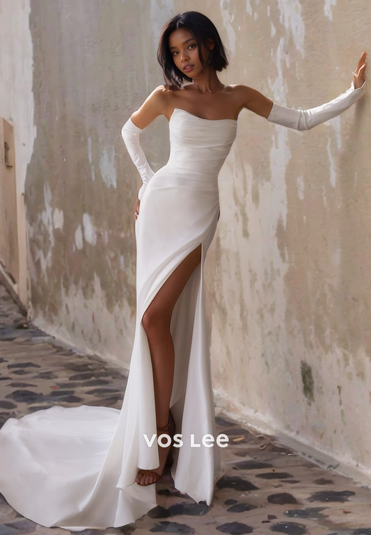 A-Line Strapless Satin Wedding Dress with High Slit